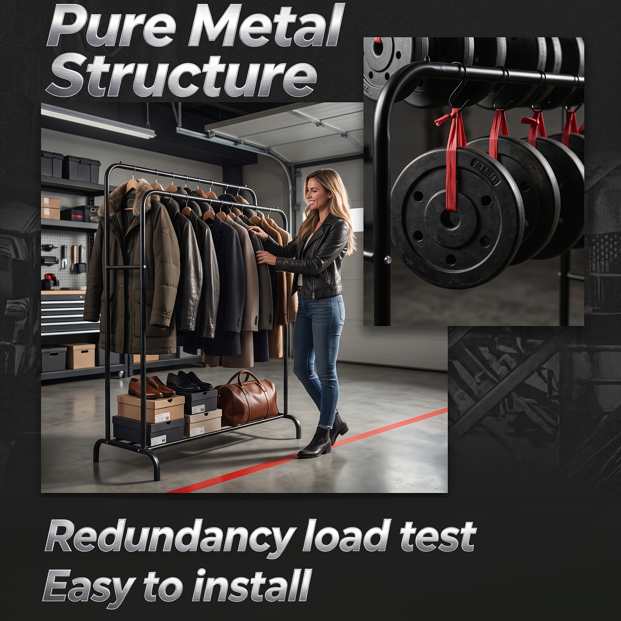 TEMU Sturdy Pure Metal Double Rodding Clothes, Portable Clothing Rack With Shelves, Heavy Duty For Hanging Clothes, Multi-functional Closet Rack For