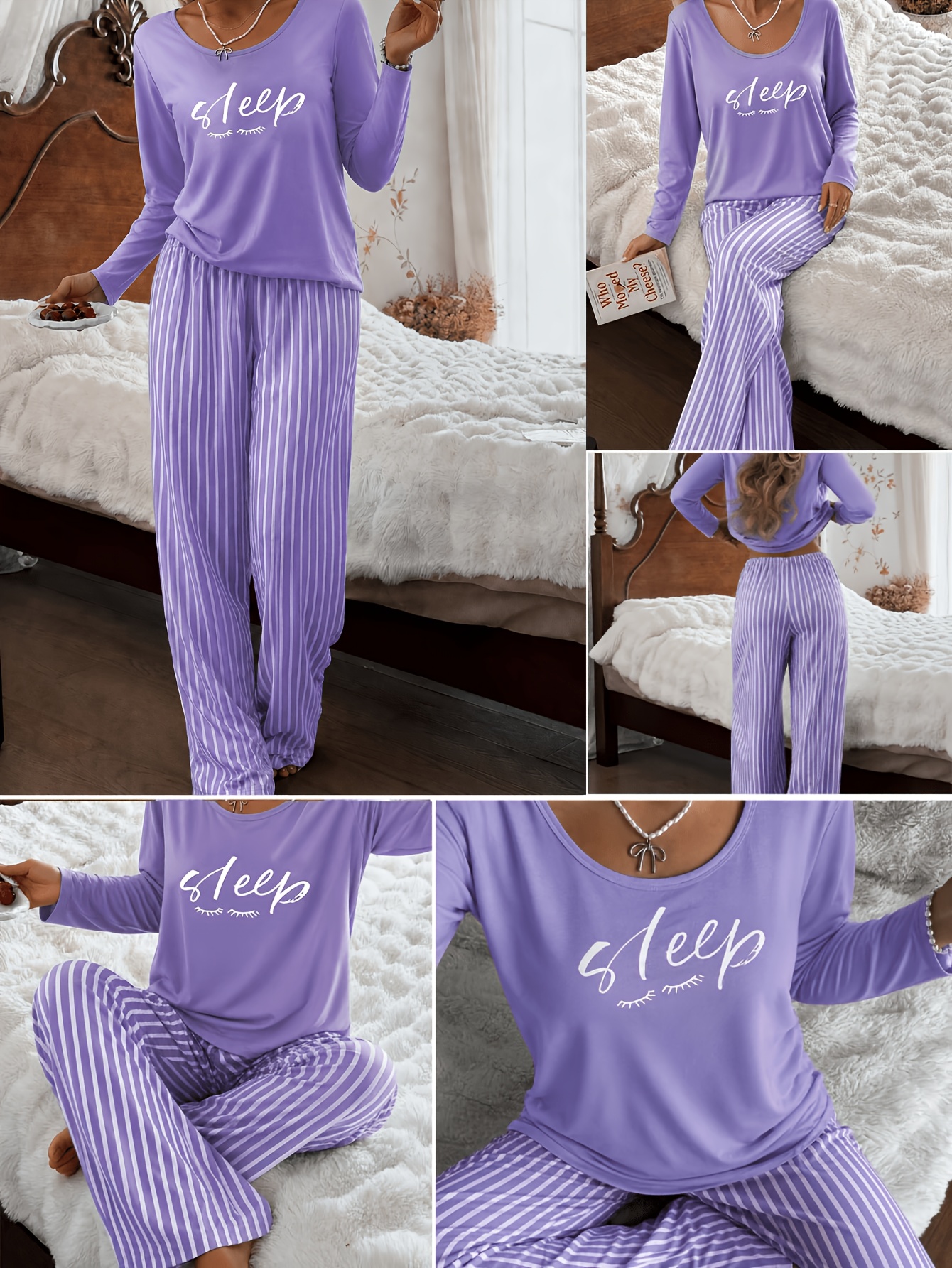 Women's 2pcs Pajama Loungewear Set, Spring Summer Autumn Casual Sleepwear Set, Comfortable Pajama Home Set, Comfortable for Home Use, Letter-Themed Pajama Set, Loose Fit Round Neck Long Sleeve Top and Elastic Waistband Long Pants, Elegant Women's Sleepwear