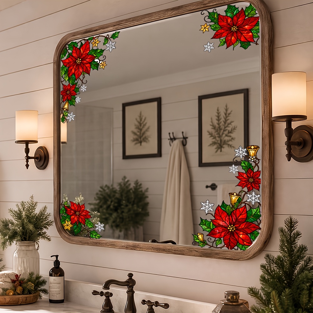 TEMU 1pc Painted Style Christmas Poinsettia Corner Glass Sticker With Red Flowers, Holly, Bells, And Snowflake Elements, Vintage Christmas Atmosphere