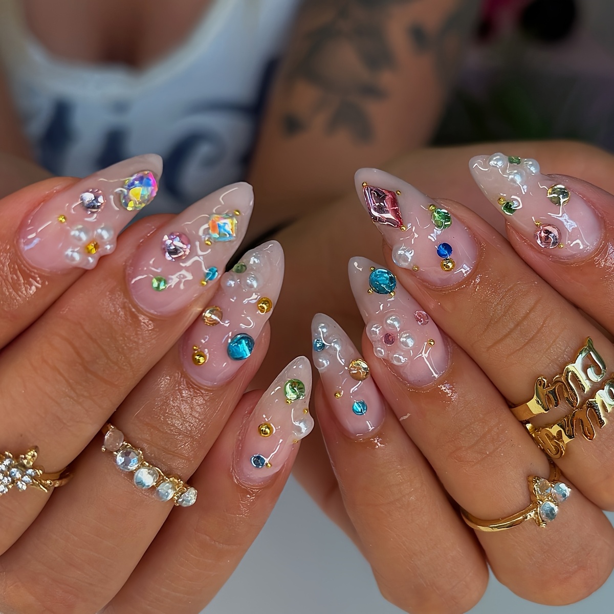 TEMU 24pcs Press-on Almond-shaped False Nails, White Ombre French Style With Pointed And Design, Full Cover Artificial Nail Stickers For Women' And Party Wear