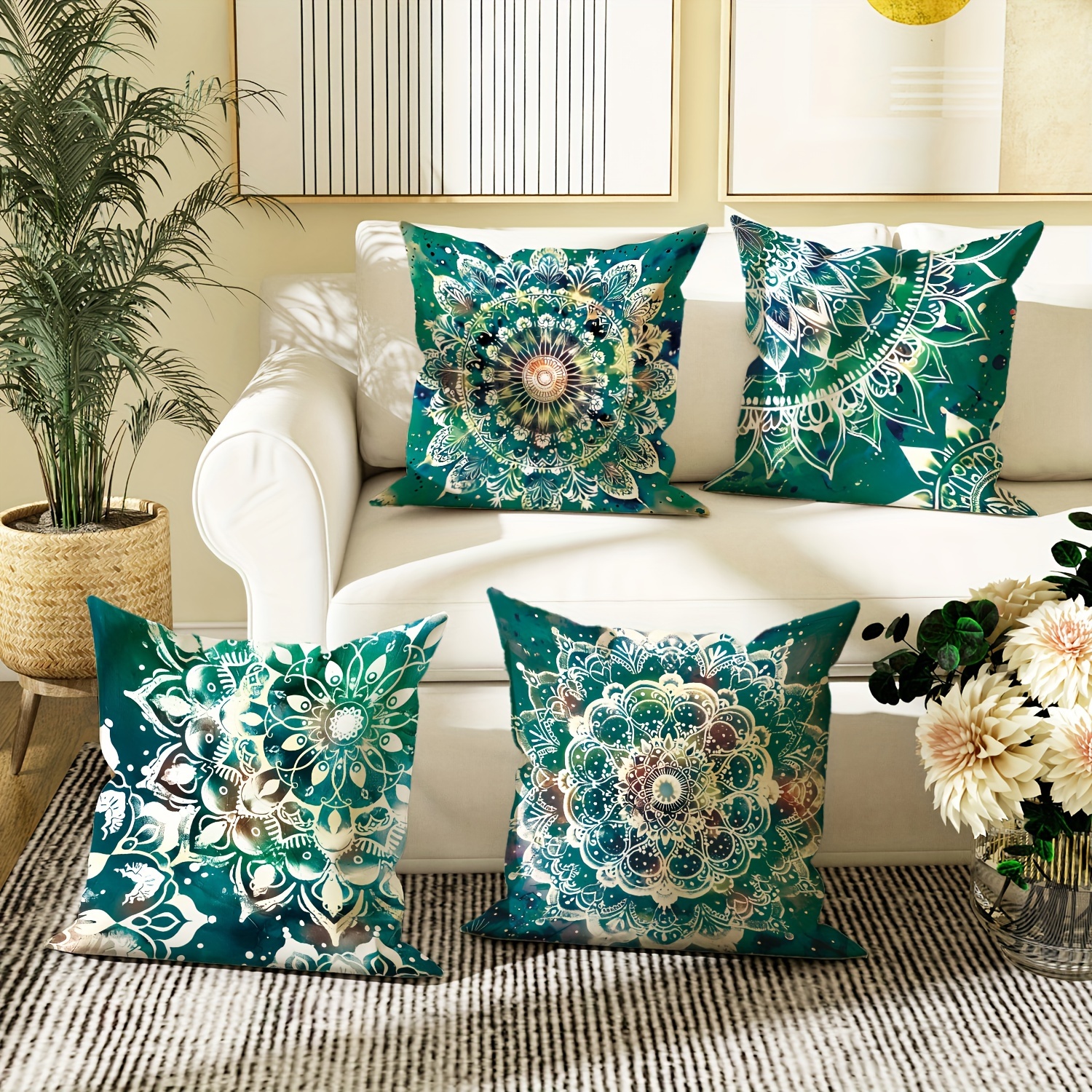 

4-piece Set Velvet Mandala & Floral Throw Pillow Covers - Boho Chic 18x18 Inch Cushion Cases With Zipper Closure For Living Room, Bedroom, And Sofa Decor - Machine Washable, Polyester