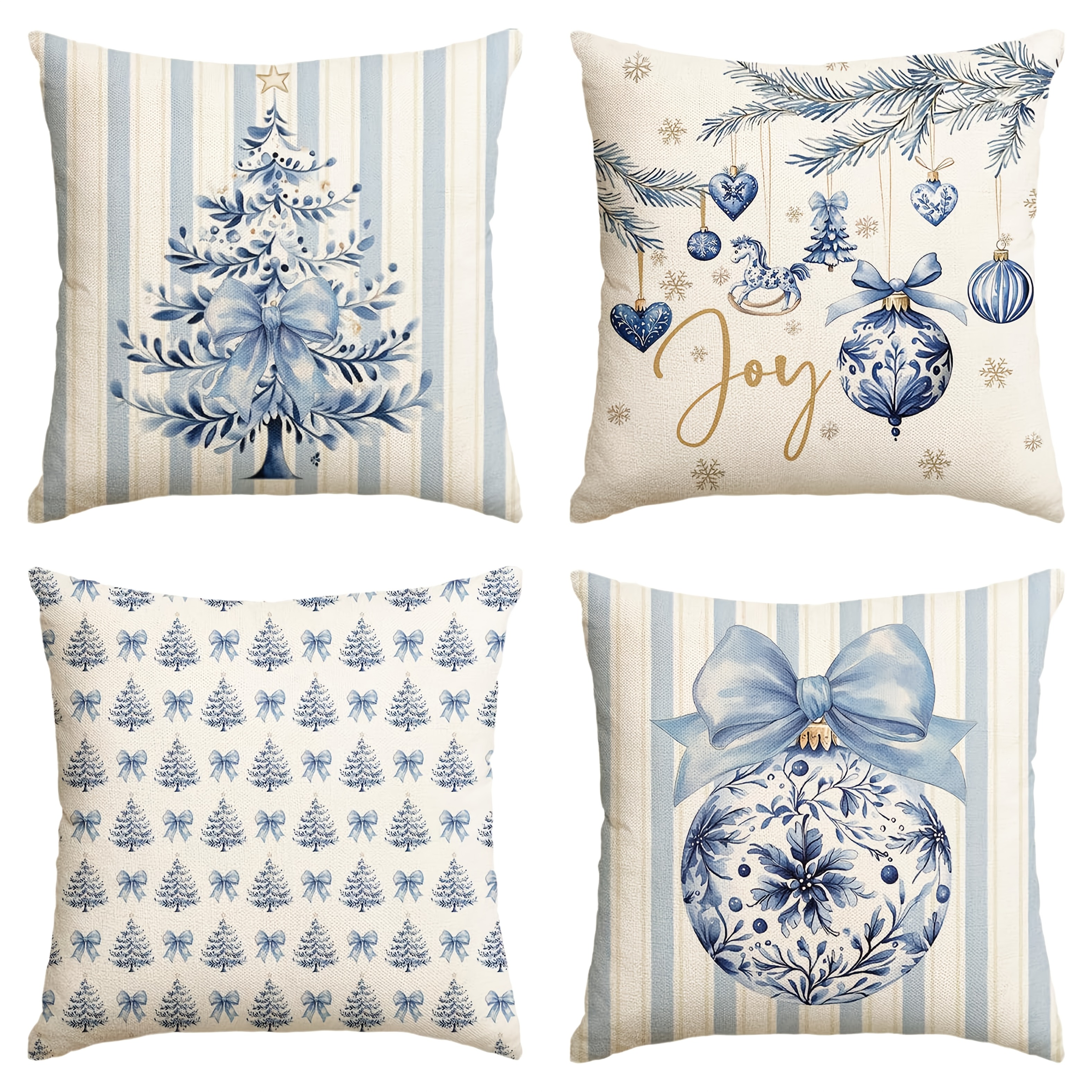 TEMU 4pcs Dokriy, Coussin Jeté à Nœud Boule d'Arbre de Noël à Rayures Bleues, Décoration de Canapé de Fête d'Hiver à de Neige Saisonnière (Impression