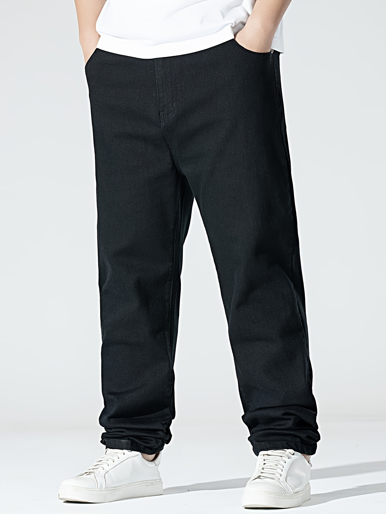 1pc Men'S Plus Size High Stretch Straight Leg Denim Jeans, Solid Color Washed Work Style, Regular Fit for Spring/Fall - Woven Fabric #TD3014