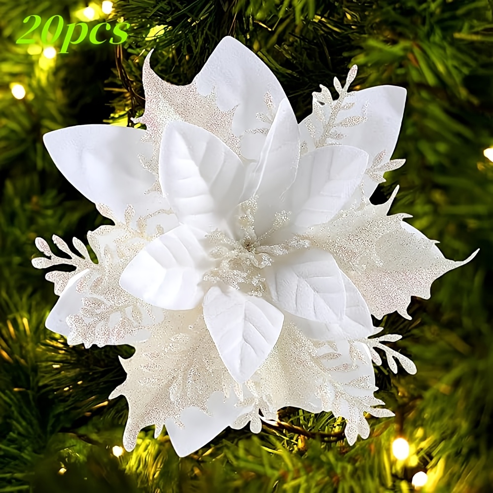 

20pcs White Glitter Artificial Flowers, 5.5 Inch Plastic Hanging Decor For Christmas Tree, Ramadan, Valentine's Day, Ornaments, No Battery Needed, For Wedding Party Garland Decoration