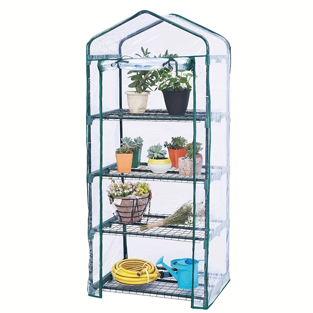 

4 Tier Mini Greenhouse With Pvc Cover, Sturdy Metal Frame Portable Gardening Shelves - Ideal For Indoor Plant & Flower Growing, Small Plastic Green House