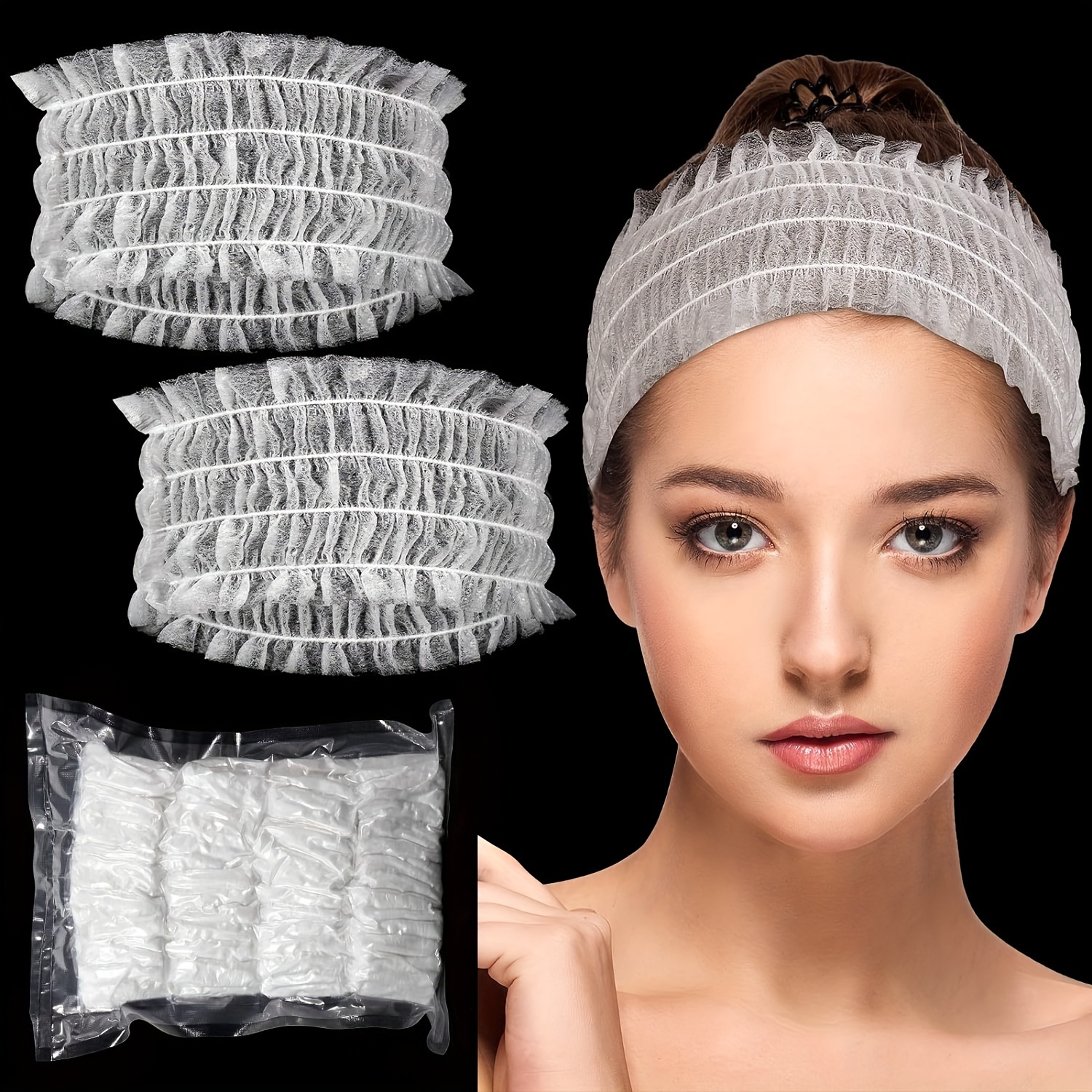 

100-pack Disposable Spa Headbands For Women - Soft Polyester Non-woven Elastic Hair Bands, Facial Hair Cover For Skin Care, Makeup, Sauna - No Electricity Or Battery Needed