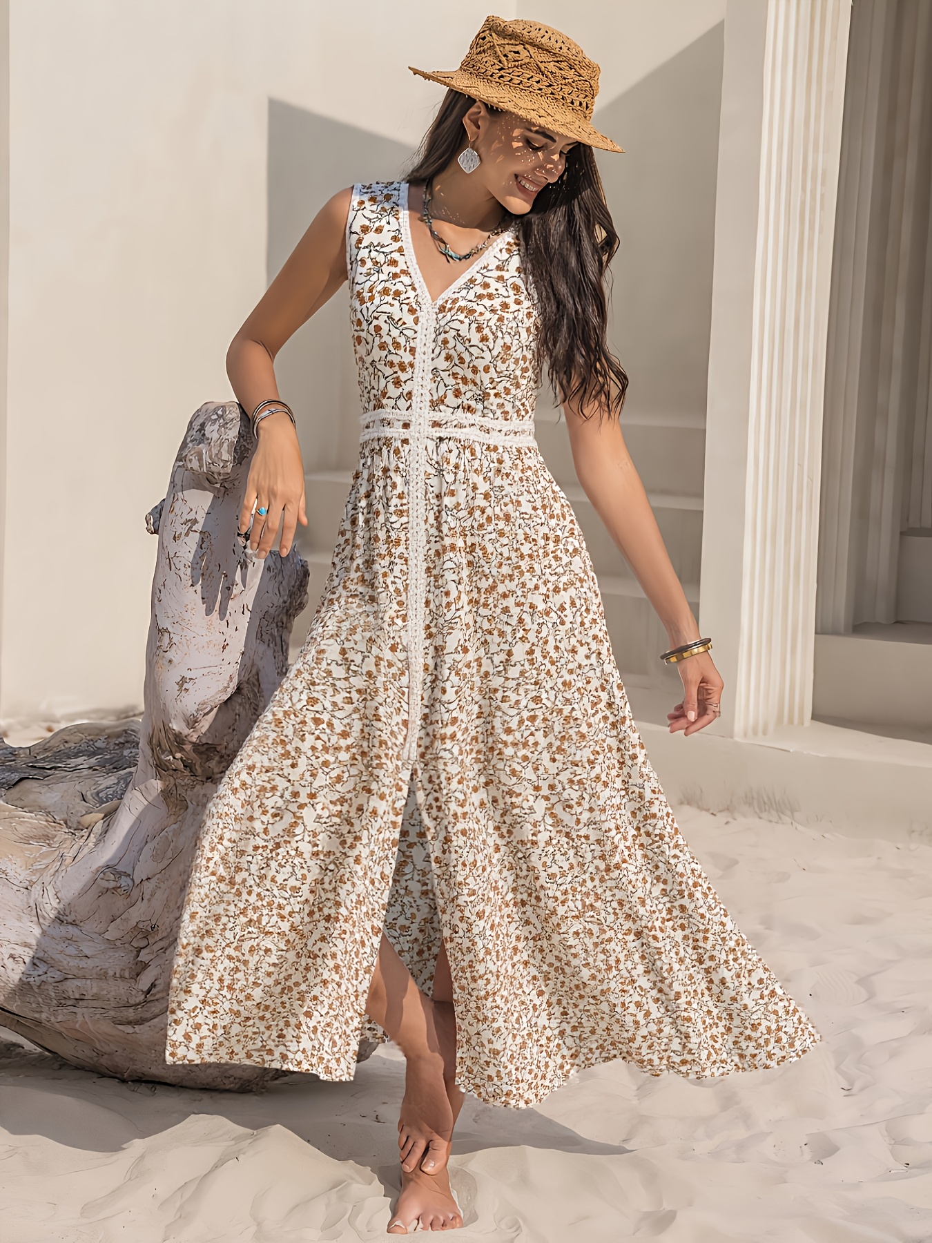 Elegant V-neck Lace- * Off-the-shoulder Long Dress with Floral Pattern