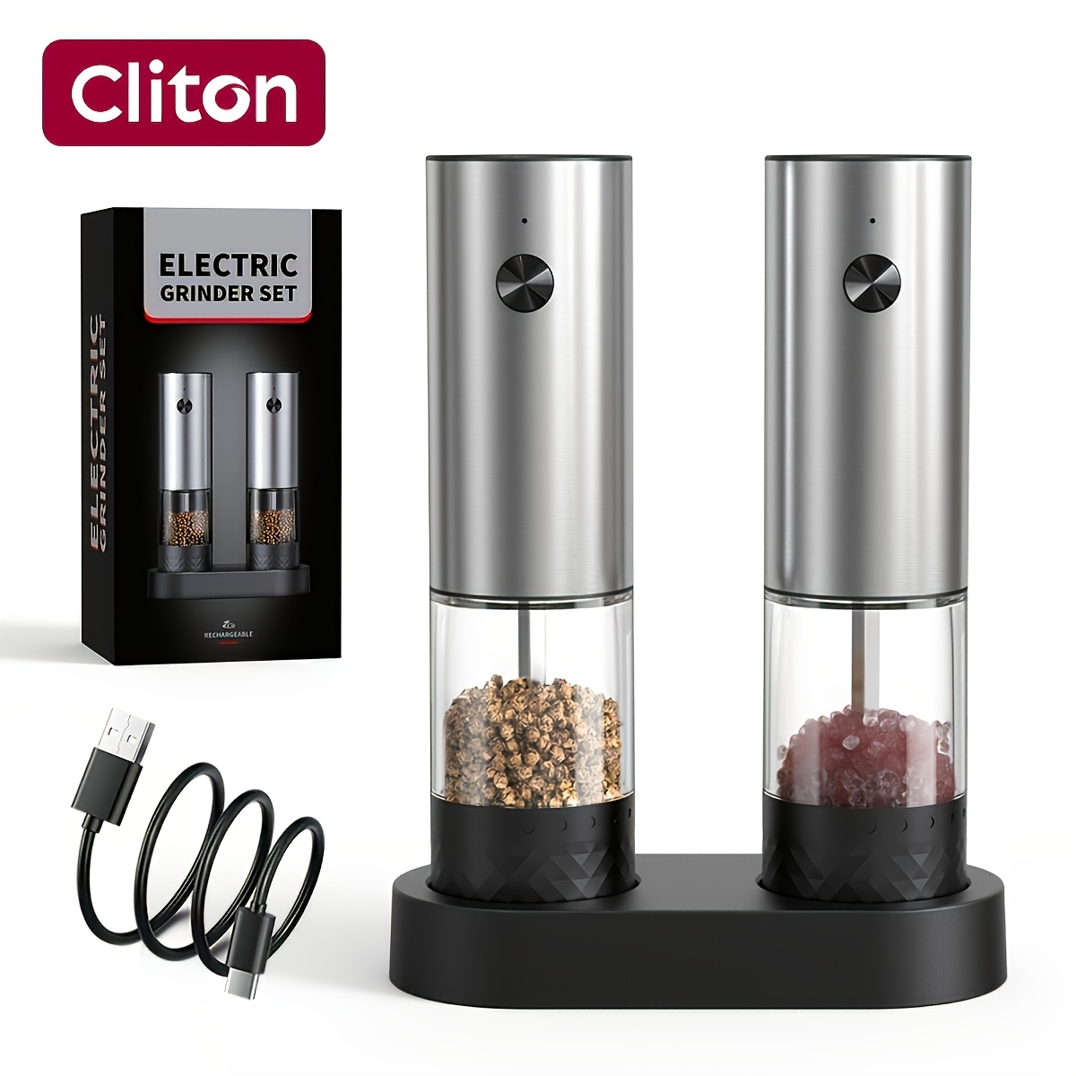 TEMU Cliton Rechargeable Electric Salt And Pepper Grinder, Usb Type-c Charging Stainless Steel Automatic Pepper Mill With Storage Base, Adjustable