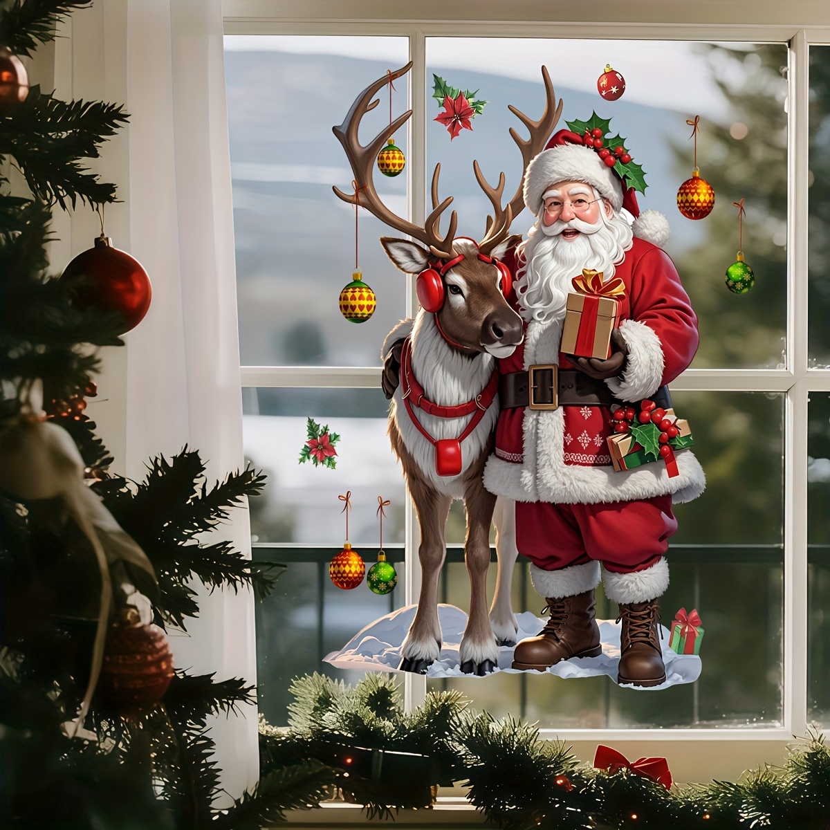 1 stuk Verwijderbare Herbruikbare Dubbelzijdige Kerst Raamsticker - Met Kerstman, Rendieren, Kleurrijke Ballen en Sneeuwballen PVC Stickers