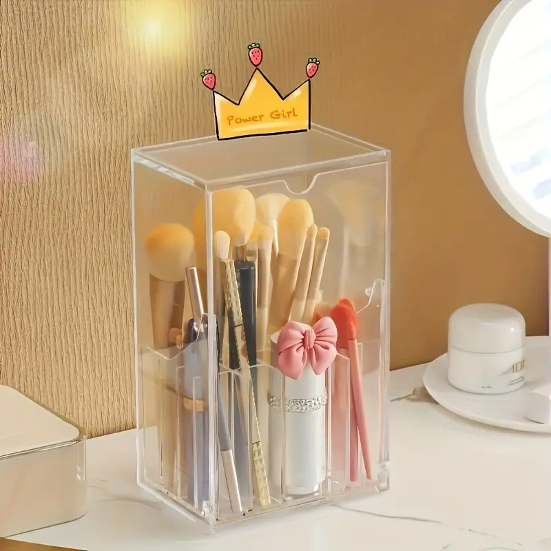 clear makeup brush organizer with lid transparent cosmetic storage box vanity organizer with dustproof cover bathroom countertop organizer for professional or home use space saving makeup display case makeup vanity desk durable plastic material Product details 0