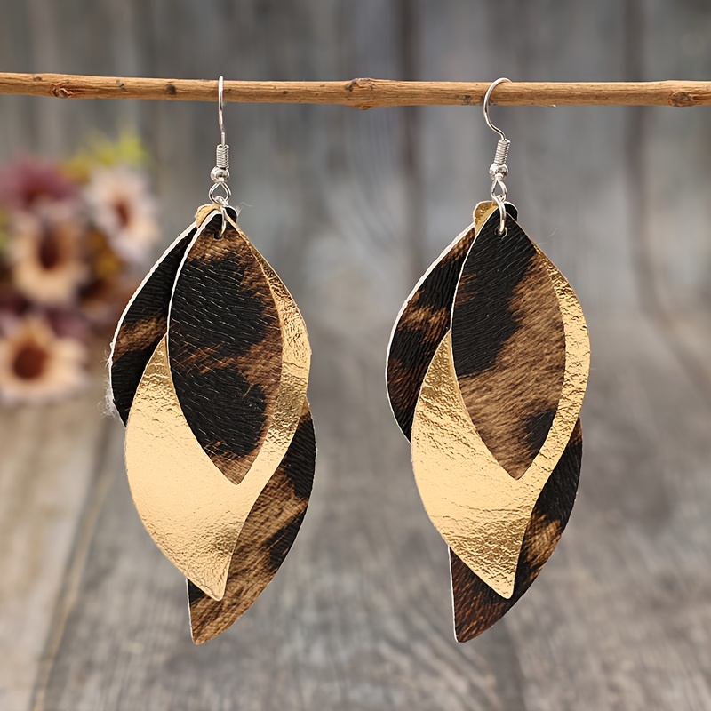 1 Pair Retro Leopard Print Faux Leather Earrings, Without Battery