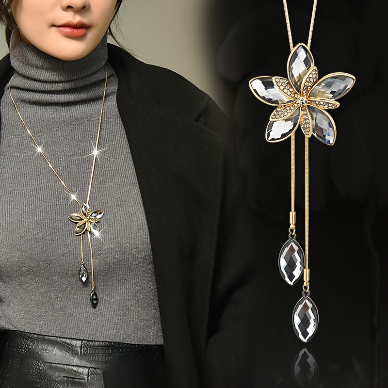 

Elegant Long Sweater Necklace With Artificial Crystal And Floral Pendant, Zinc Alloy, Grey - Suitable For All