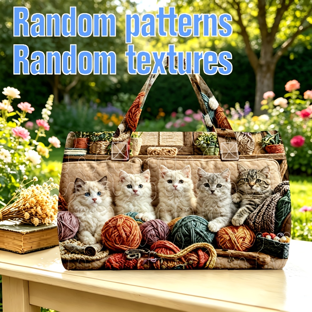 TEMU 1pc Women' Kawaii Cat Quilted Tote With Quilted Kitty & Kitten Patterns, Zipper Closure Handbag Suitable For,, Shopping, Machine Washable Gift
