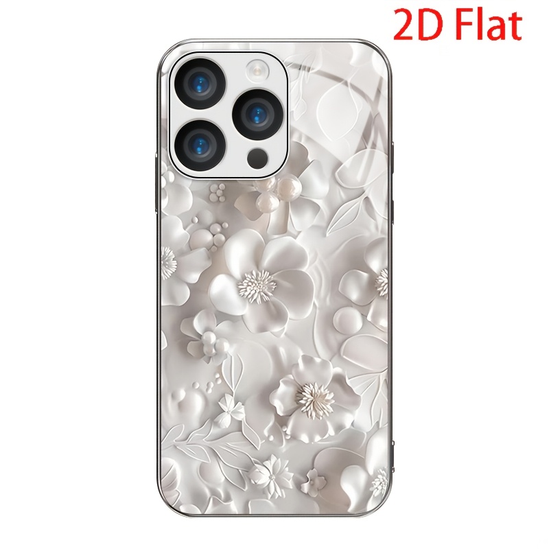 TEMU Phone Case: 2d Flat White Three-dimensional Floral Embossed , Electroplated Silvery Tempered Glass, Suitable For Iphone 17, 17 Air, 17 Pro, 17