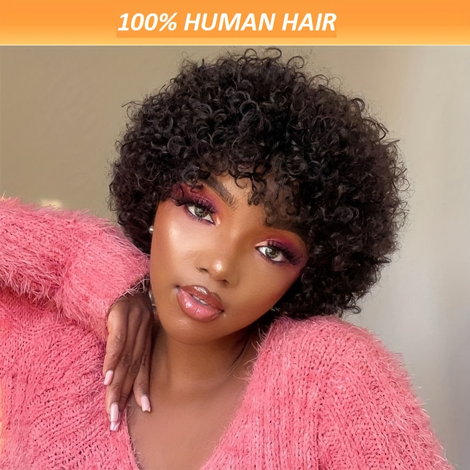 

Chic Virgin Afro Human Hair Wig With Bangs - 180% Density, Machine Made, Suitable For All Occasions