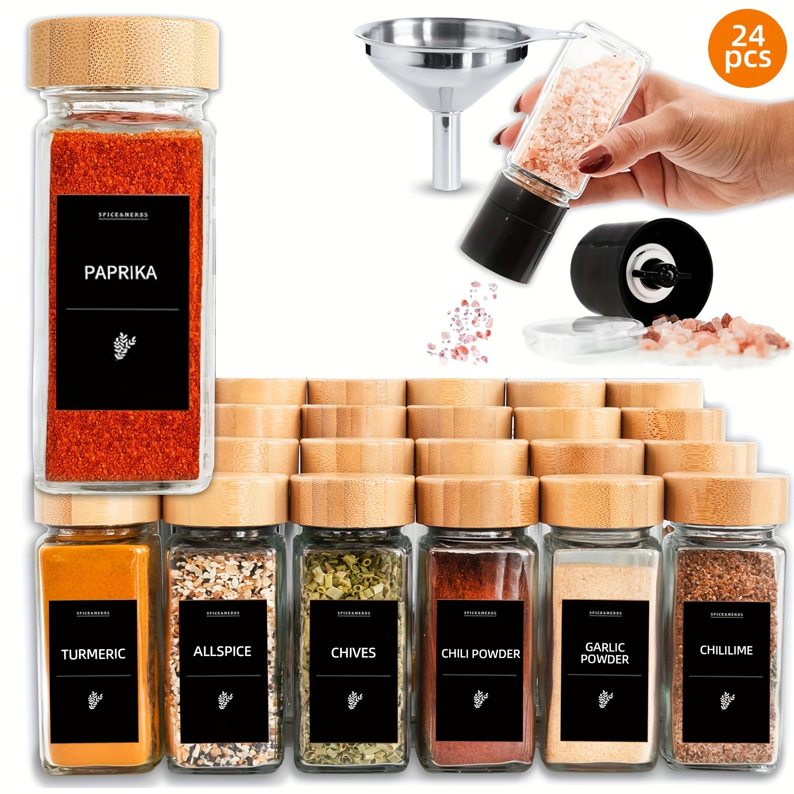 

24 Glass Spice Jars With Label, Bamboo Spice Jar Set 4oz Seasoning Containers With Labels, With 2pcs Pepper Grinder, Spice Bottles Funnel, Empty Spice Jars And Shaker Lids Spice Containers