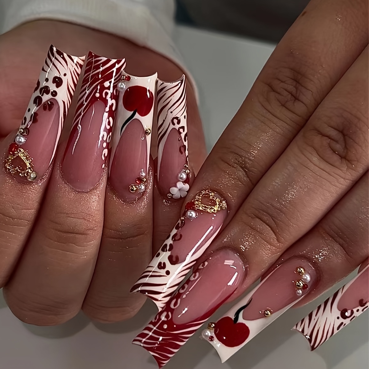 

24pcs Press On Nails Set, Long Square Shaped Full Cover Fake Nails, Colorblock With Stripes, Heart & Floral Accents, , Tones