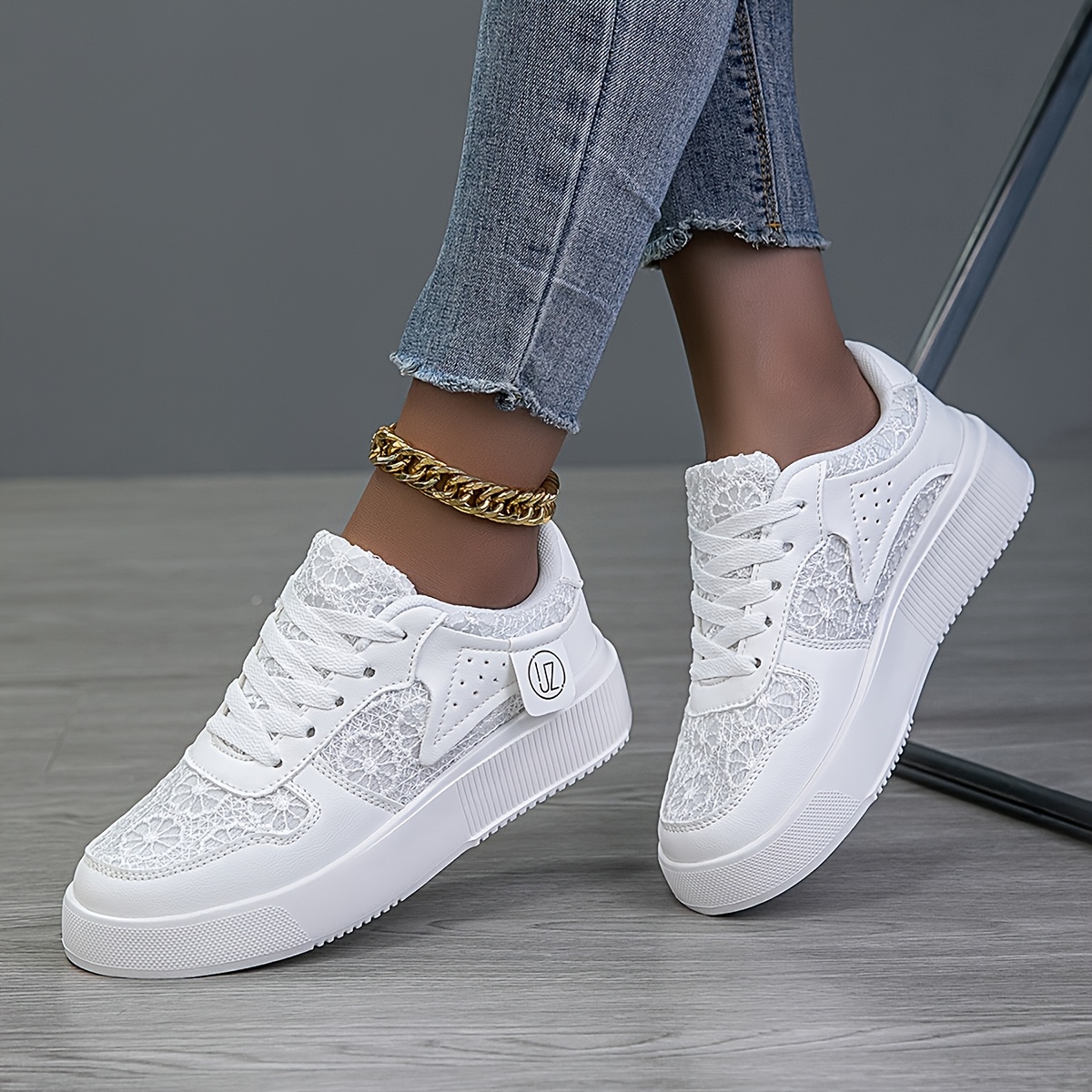 TEMU Chaussures décontractées blanches à lacets pour femmes, dessus synthétique à pannelets de dentelle avec semelle épaisse, style pour toutes ,