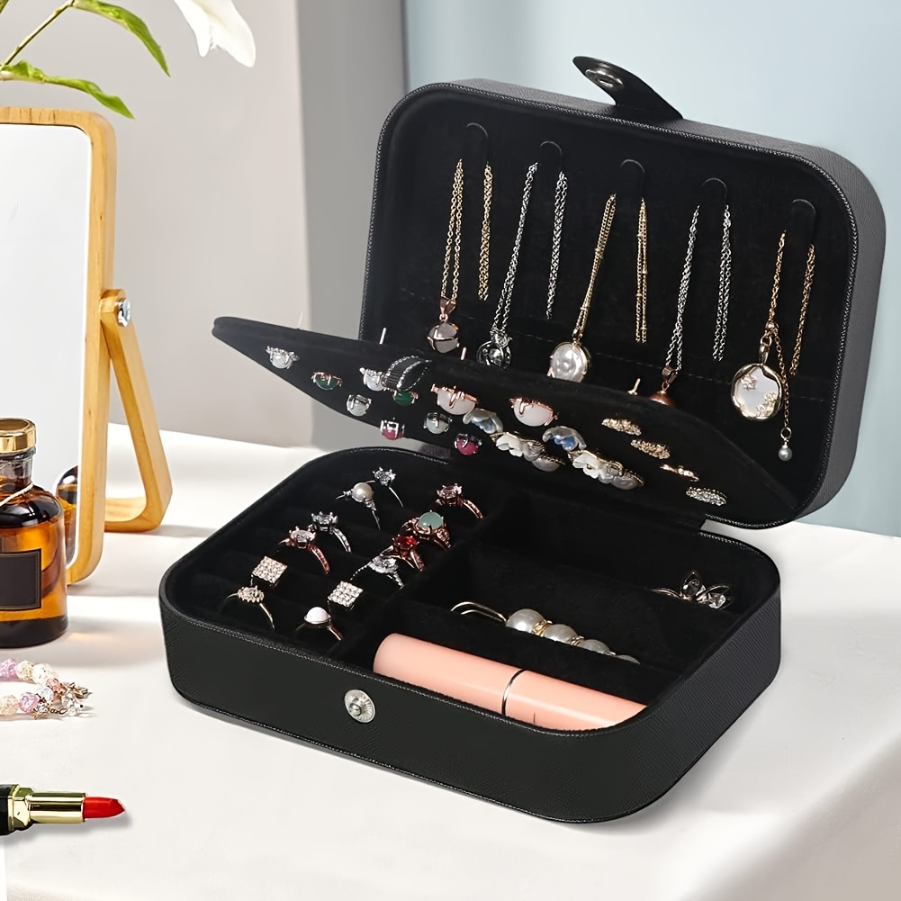 1pieza Estuche de viaje de cuero PU, compacto y portátil para mujeres y niñas, ideal para pendientes de botón, anillos, collares, pulseras - Estuche mini estiloso para almacenamiento de joyas