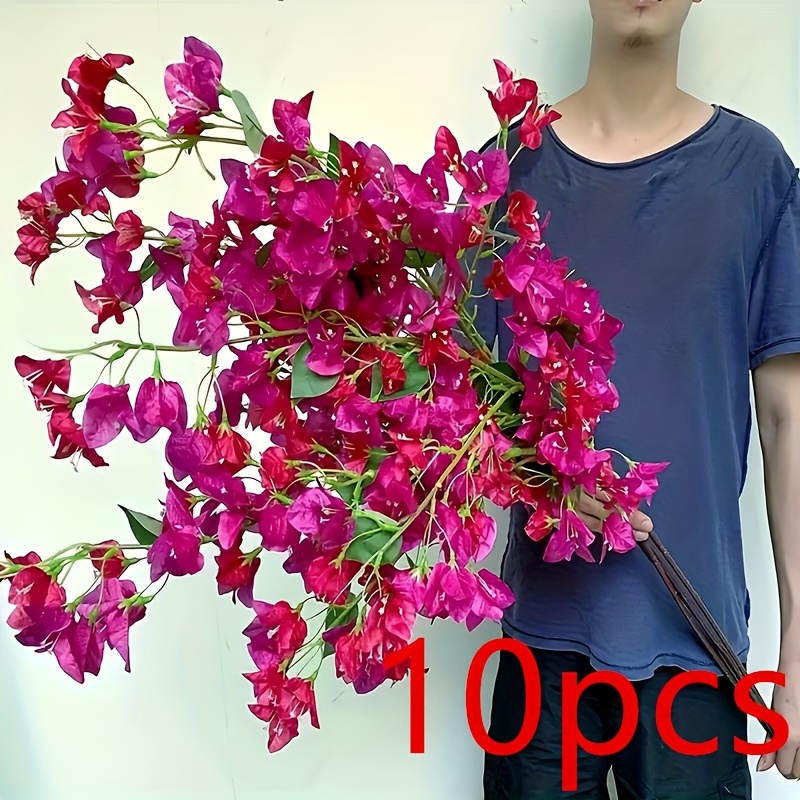 Image of 10pcs Artificial Bougainvillea Flowers Vine- Plastic Material Floral Branches Garland For Home, Wedding, Garden Decor For Christmas, Halloween, Easter, Thanksgiving, Valentine's - No Pot Included