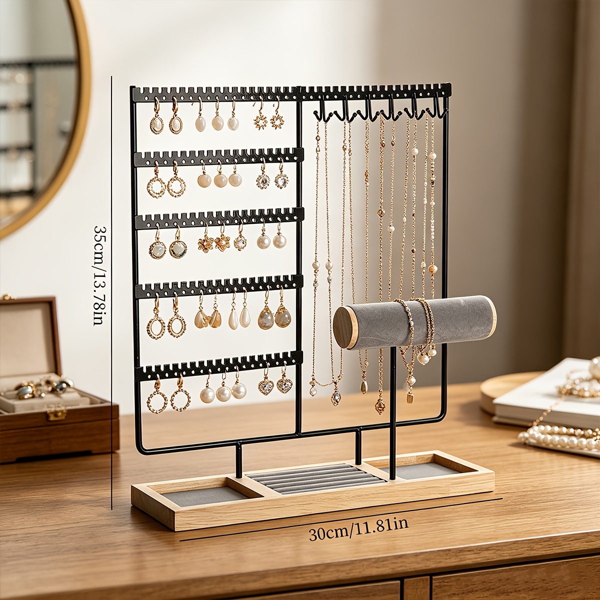 TEMU Multi-functional Metal Jewelry Display Rack, Earring Card Holder, Necklace Hanging Rod, Bracelet Velvet Roll And Ring Tray, Desktop Jewelry