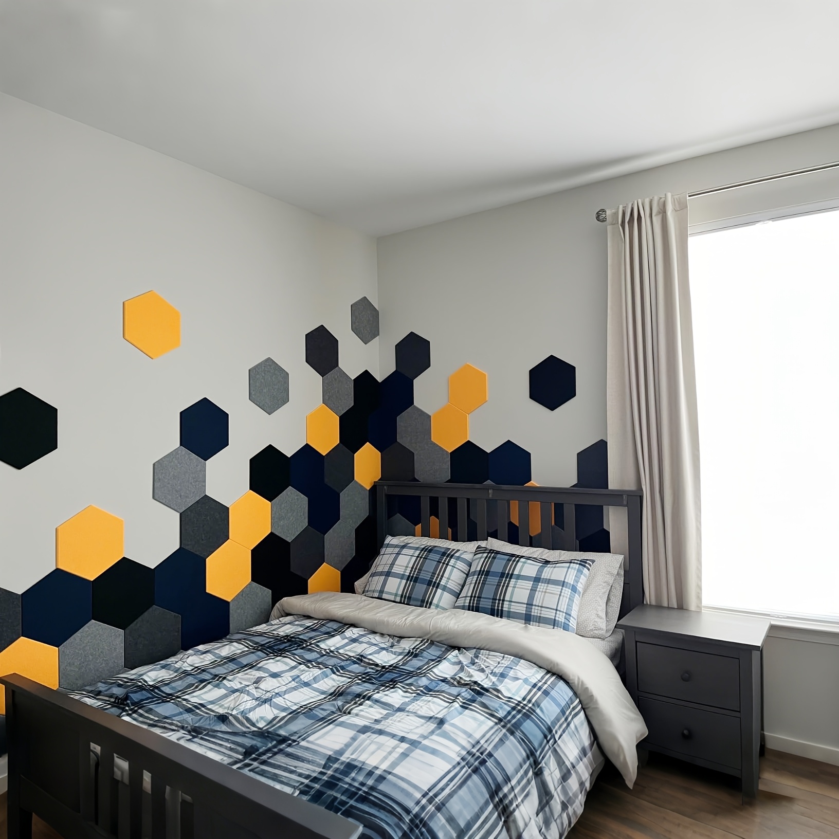 12 парчиња шестоаголни акустични пена панели, 12x10.23x0.4, самолепливи звучно изолирачки ѕидни плочки за дом и студио - полиестерски влакна, бела/сина/црна, намалување на шумот и пригушување на звукот, звучно изолирачки ѕидни панели детали 8