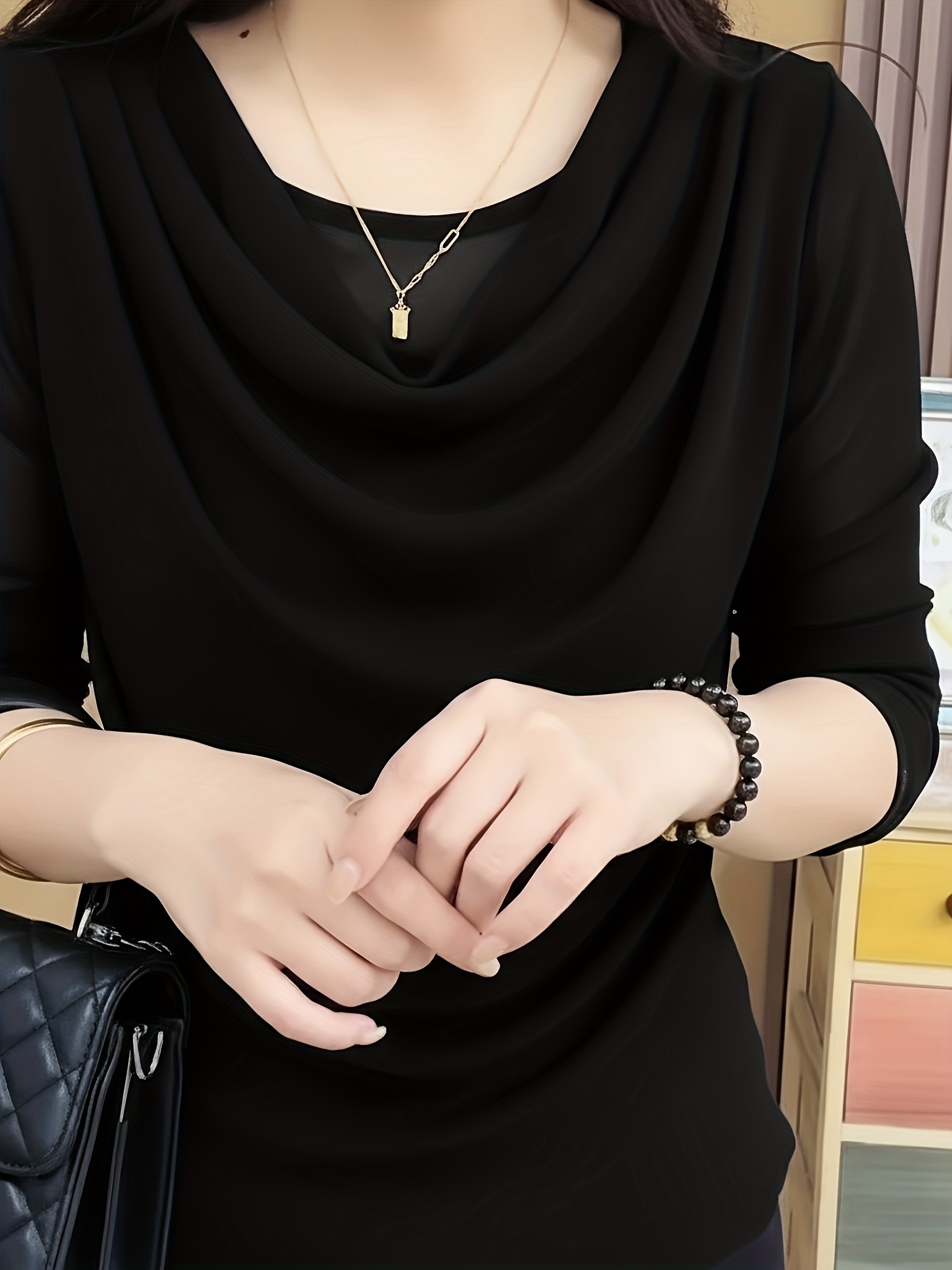 Spring/Autumn New Arrival Women's Round Neck Slouchy Long Sleeve Mesh Top, Elegant and Stylish Base Layer Top with a Touch of Sophistication