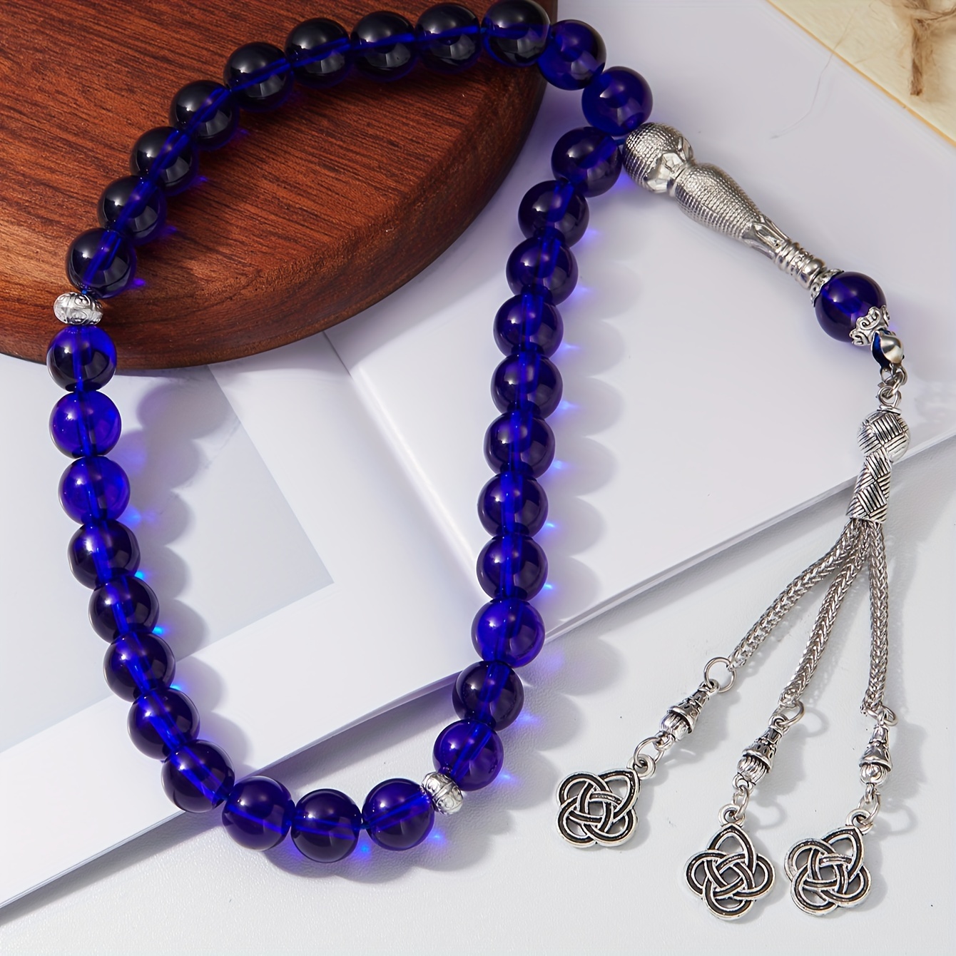 

Vintage Style Blue Bead Strand Necklace With Tassel Pendant - Elegant Ladies Prayer Beads For Daily Wear & Gift-giving, All-season Versatile Accessory With Decorative Silver-tone Plating - 1 Piece