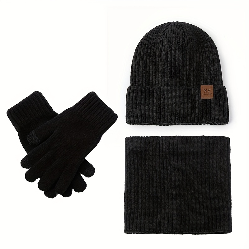 TEMU Ensemble 3 pièces Chapeau Tricoté NY Écharpe Gants Automne et Hiver Haute Élasticité Polaire Épaissie Chaud Protection des Oreilles Chapeau Bord