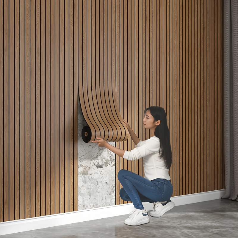 TEMU Autocollant mural 3D rainuré, style grille à grain de bois vintage, avec un design rainuré pour une texture de grain de bois réaliste. PVC à et