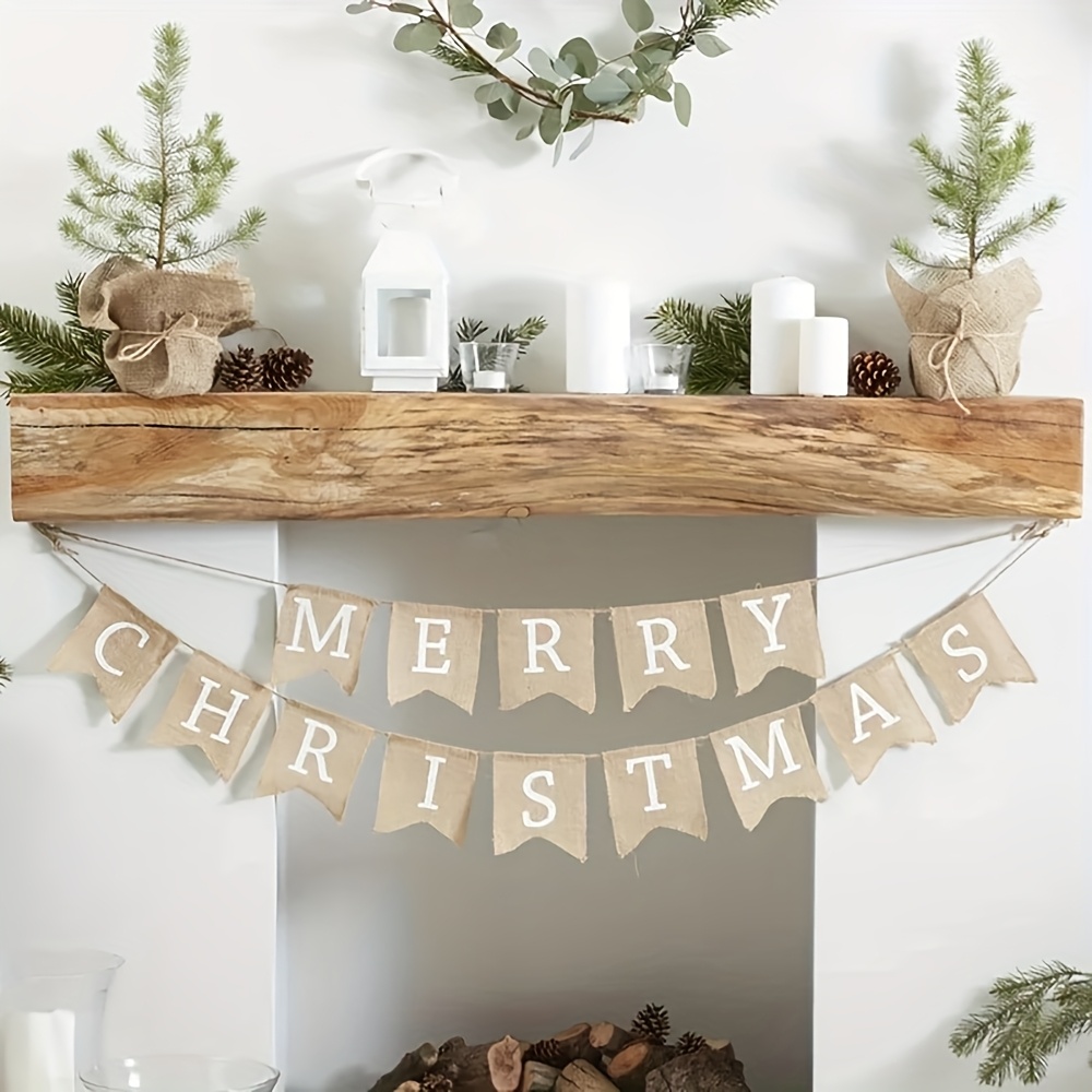TEMU 2026 Merry Christmas Burlap Banner Garland Rustic Farmhouse Christmas Eve Holiday Fireplace Mantle Wall Christmas Decoration Welcome Sign