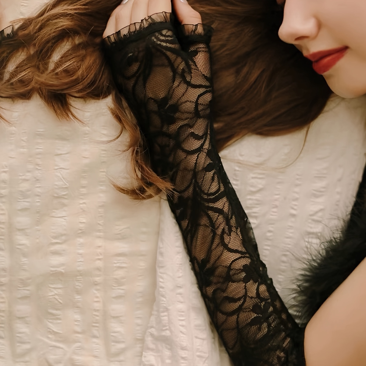TEMU Summer Long Lace Fingerless Gloves, Thin Women's Arm Sleeves, Daffodil Half-finger Driving Mesh Gloves