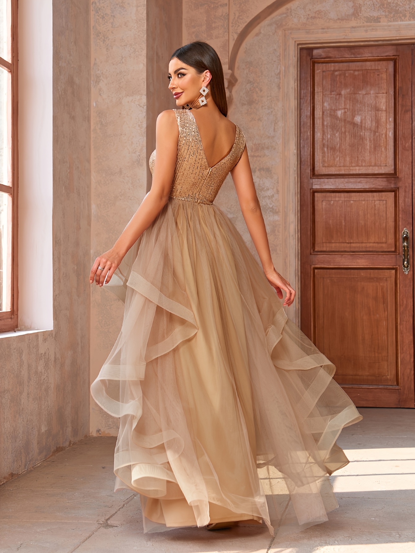 Women's Elegant V-Neck Long Formal Gown with Sequin V-Neck -Length Dress  Fitted Party Wedding Prom Evening Dress, Hand Washable Special Occasion O