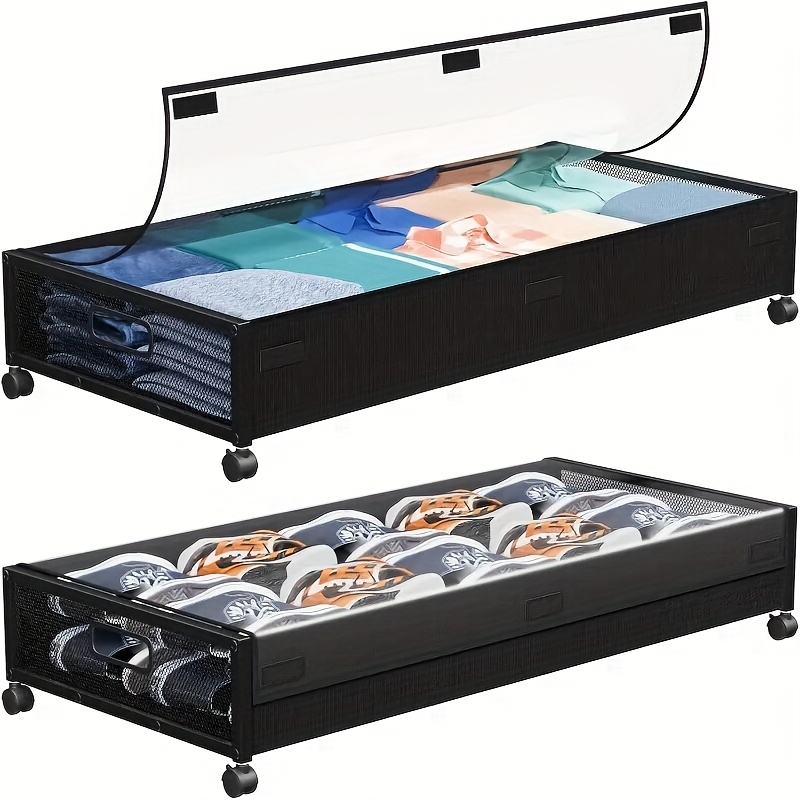 TEMU 2 Pack Under Bed Storage With Wheels, Underbed Storage Containers With Clear Lids - Rolling Drawers & Bins For Clothes, Shoes, Books, Blankets, Bedroom Storage Box Black, Under-bed Storage