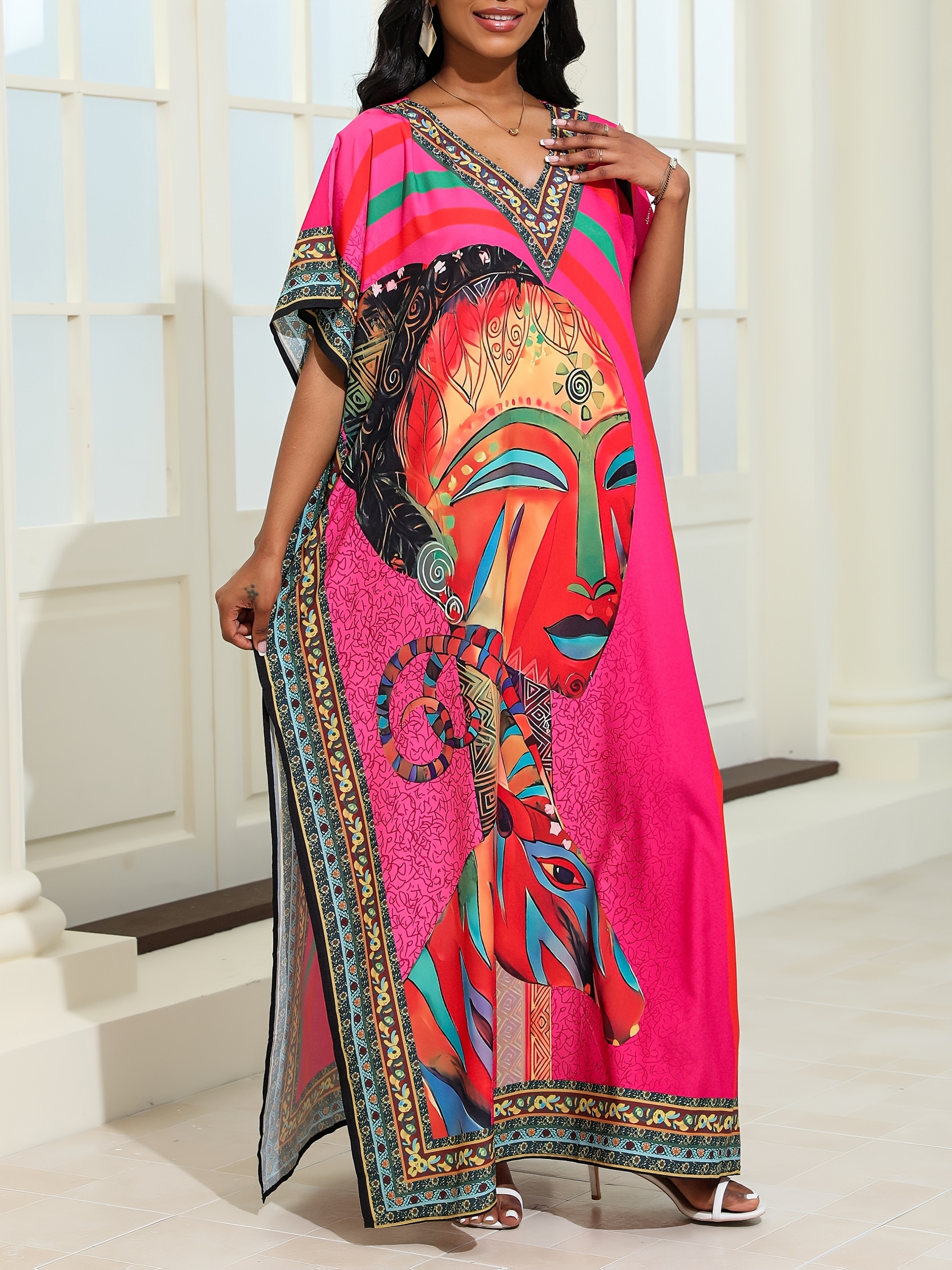 plus size pullover hoodie womens v neck   portrait print short sleeve slit long dress beach vacation loose robe