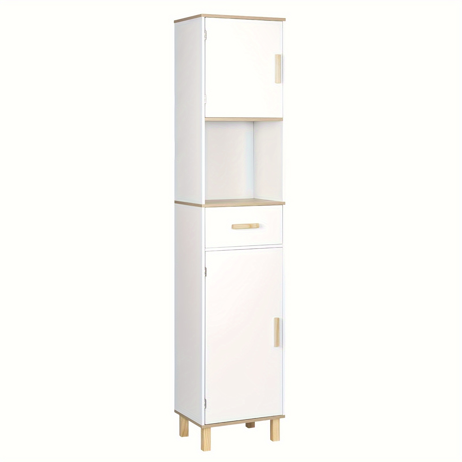 Image of 1pc Bathroom Cabinet, Tall Cabinet With 5 Compartments 1 Drawer Bathroom Cabinet With White Drawers In The Bathroom, Cabinet With Adjustable Dividers, White 40x180x30 Cm