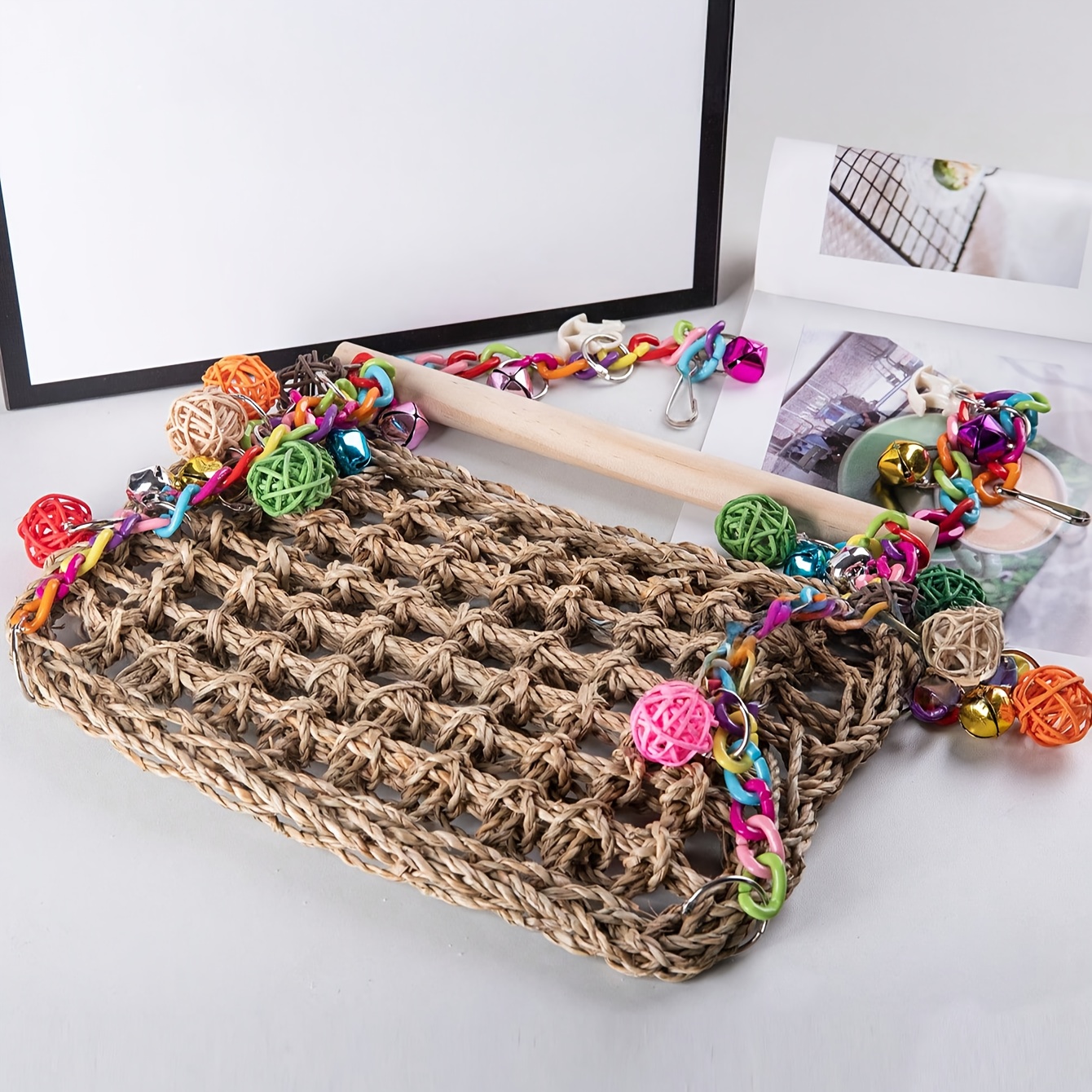 1 Parrot Acrylic Swing Stand, Rattan Ball Colorful Chain Double Layer Swing, Climbing Net Hammock, Educational Bird Supplies, Bird Cage Additions, Parrot Toys, (All Additions Are Randomly Assembled in Color) - Image 7