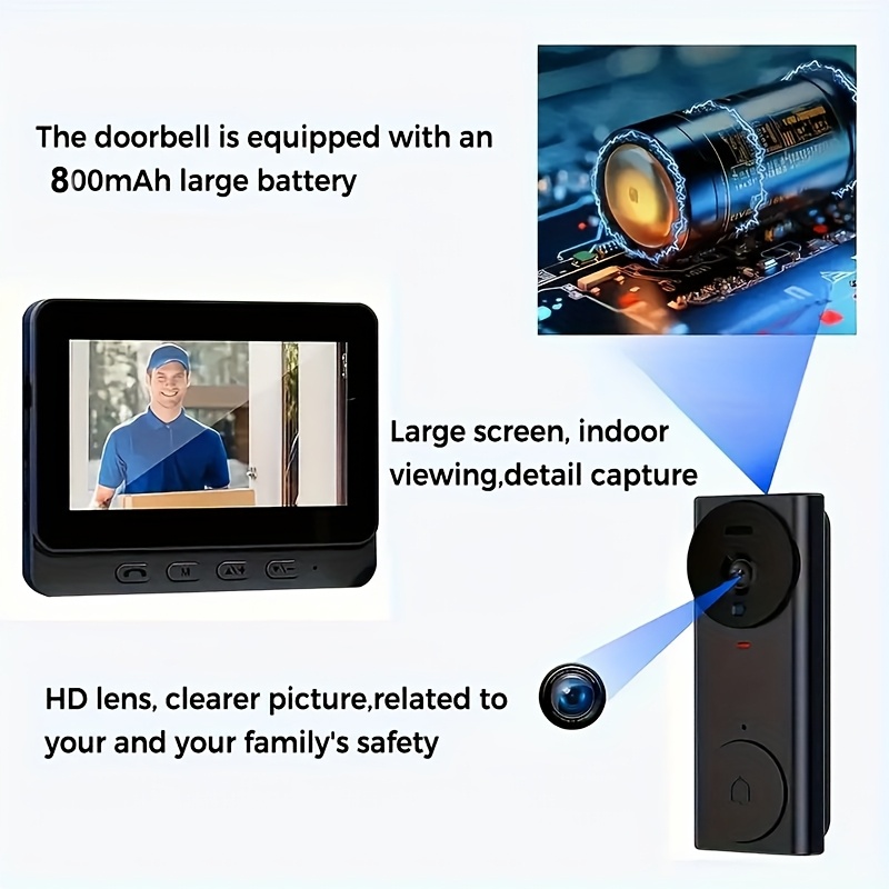 1pc Sleek Black Doorbell Camera with 10.92cm IPS Display - 480P HD Indoor Security Cam, Night Vision, 2-Way Video, Long-Lasting Rechargeable Battery, Easy Installation, Supports Multiple Devices (No WiFi, Card Not Included)