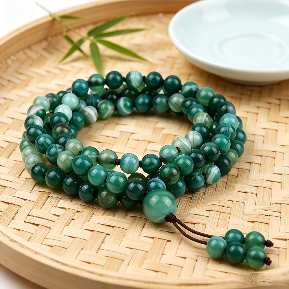 Vacation Style Green Striped Agate Necklace, Gift for Him