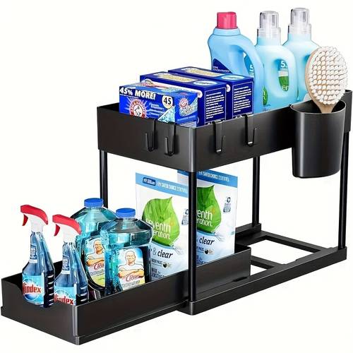 1 tier sliding under sink organizer with metal frame black white plastic storage basket suitable for kitchen spices cosmetics and additions multi purpose bathroom cabinet drawer rack fashion storage solutions durable plastic baskets