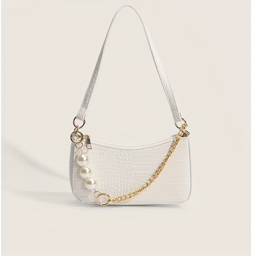 Image of Women's Shoulder Bag 2025 New Popular Crocodile Pattern Shoulder Underarm Women' Fashion Pearl Chain Temperament Small Square Bag Trend