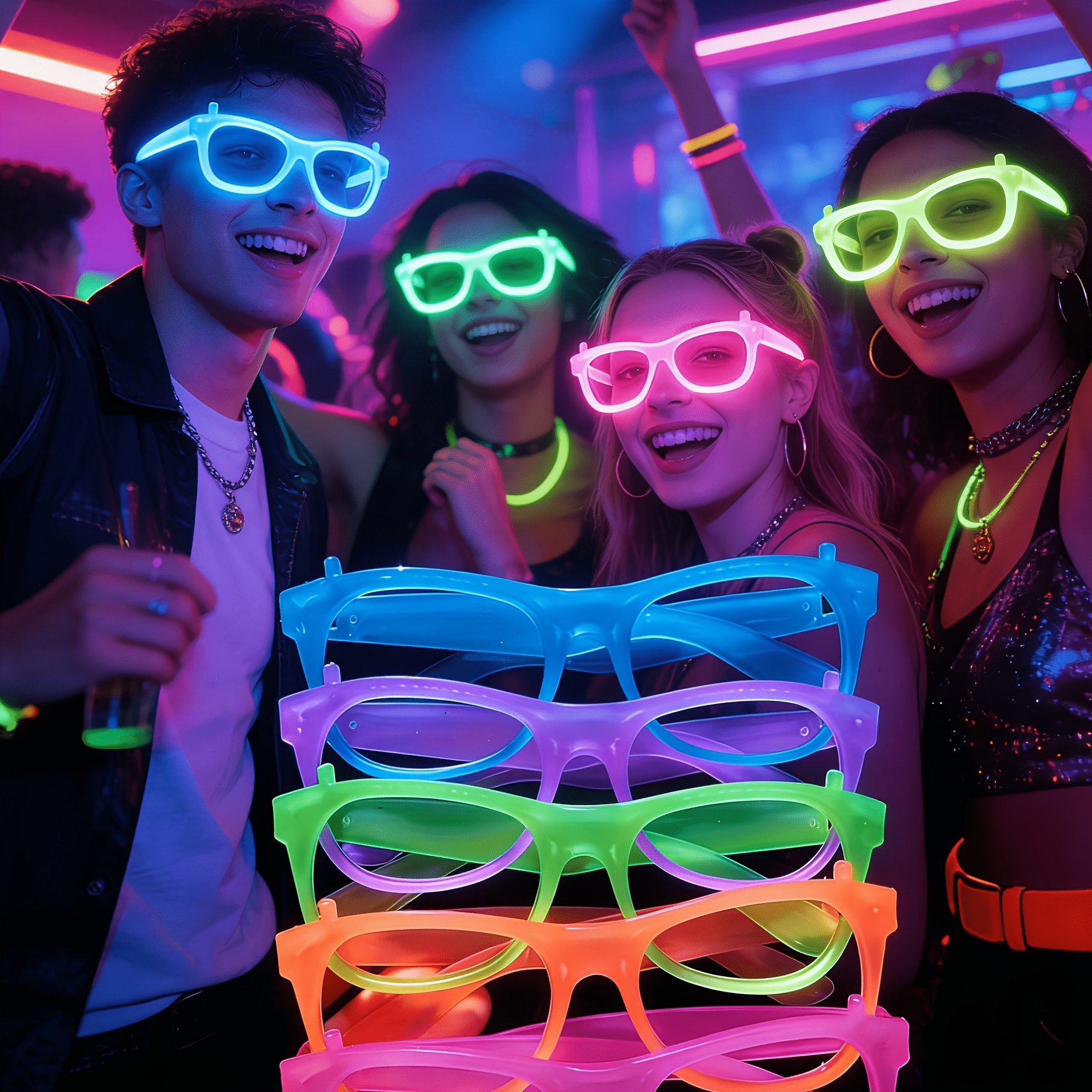 15 pairs of glow party glasses random colors neon green purple orange yellow red no lenses lightweight durable plastic frames suitable for halloween dances birthdays photo booths costume parties party gifts decorations
