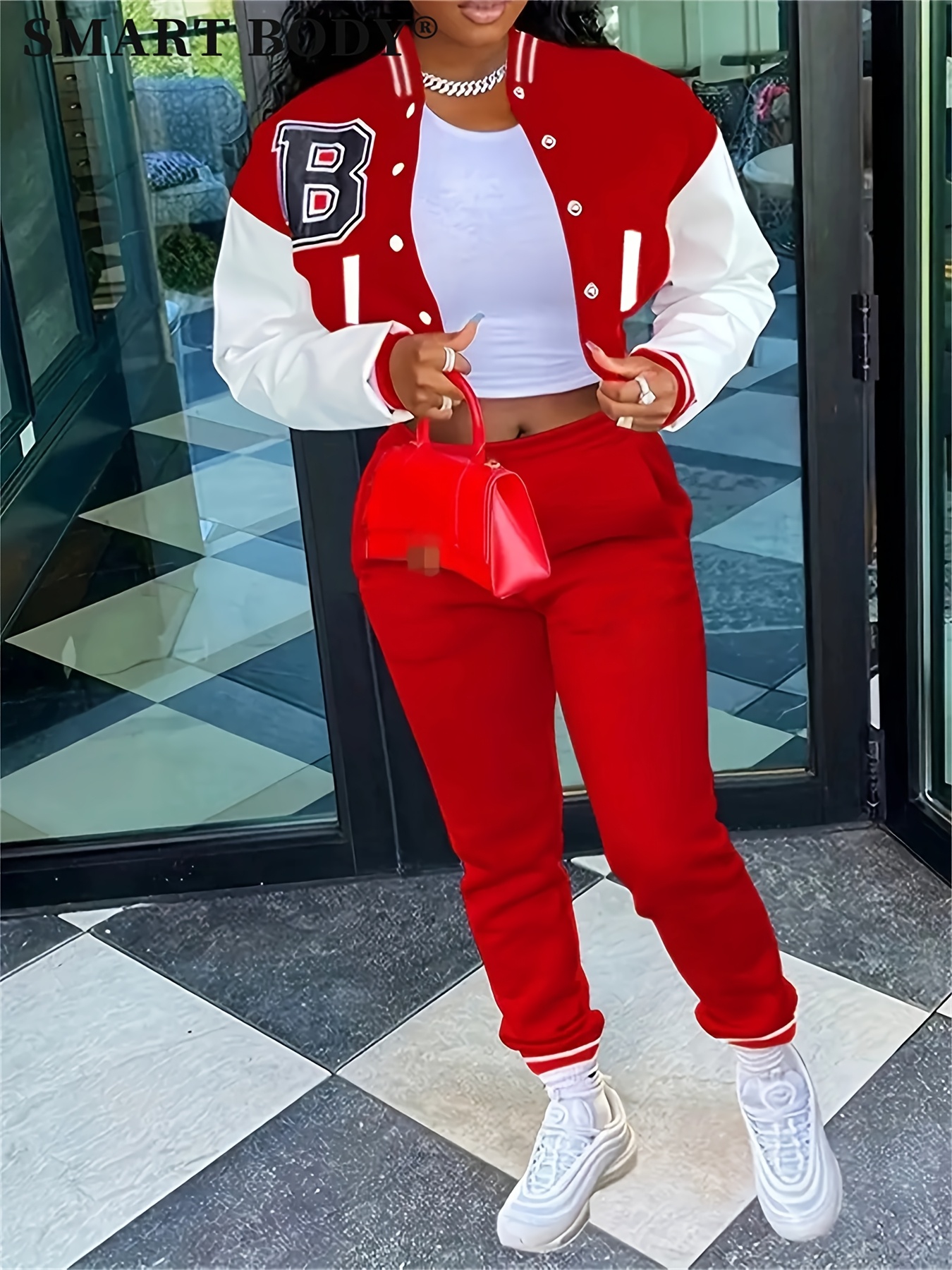 Women'*-Piece Tracksuit Red White Varsity Jacket with Button Front  Drawstring Joggers, Elegant Baseball Outfit for Spring/Fall - Main Image