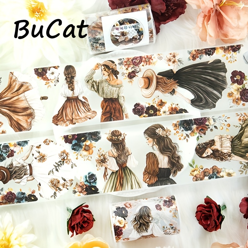 2m Pet Washi Tape With Vintage , Roll Stickers, Decorative Adhesive Tape For Scrapbooking And Aesthetic Journals, 100cm Loop