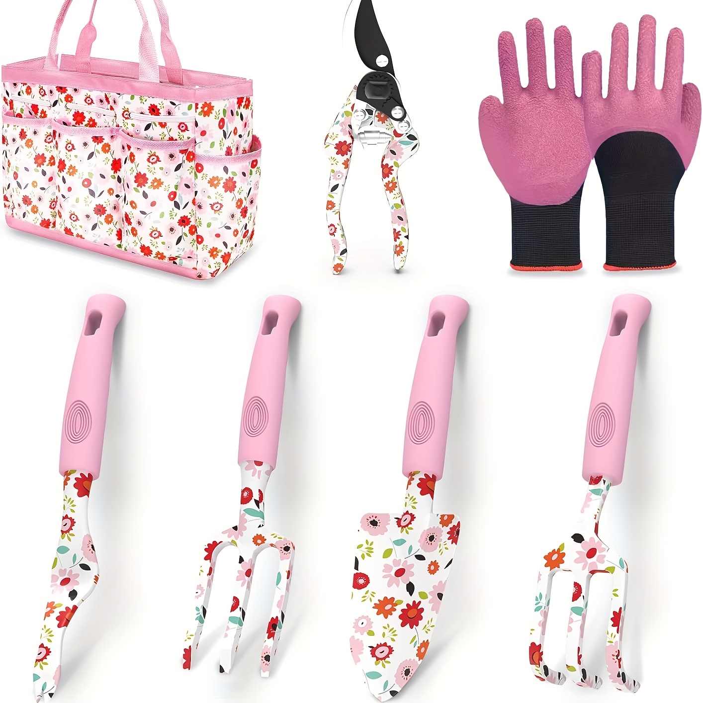 

7pcs Mymulike Garden Tool Set, Heavy Duty Aluminum Alloy Hand Tools, Ergonomic Non-slip Handles, Metal Gardening Kit With Gloves & Tote Bag, With For Women