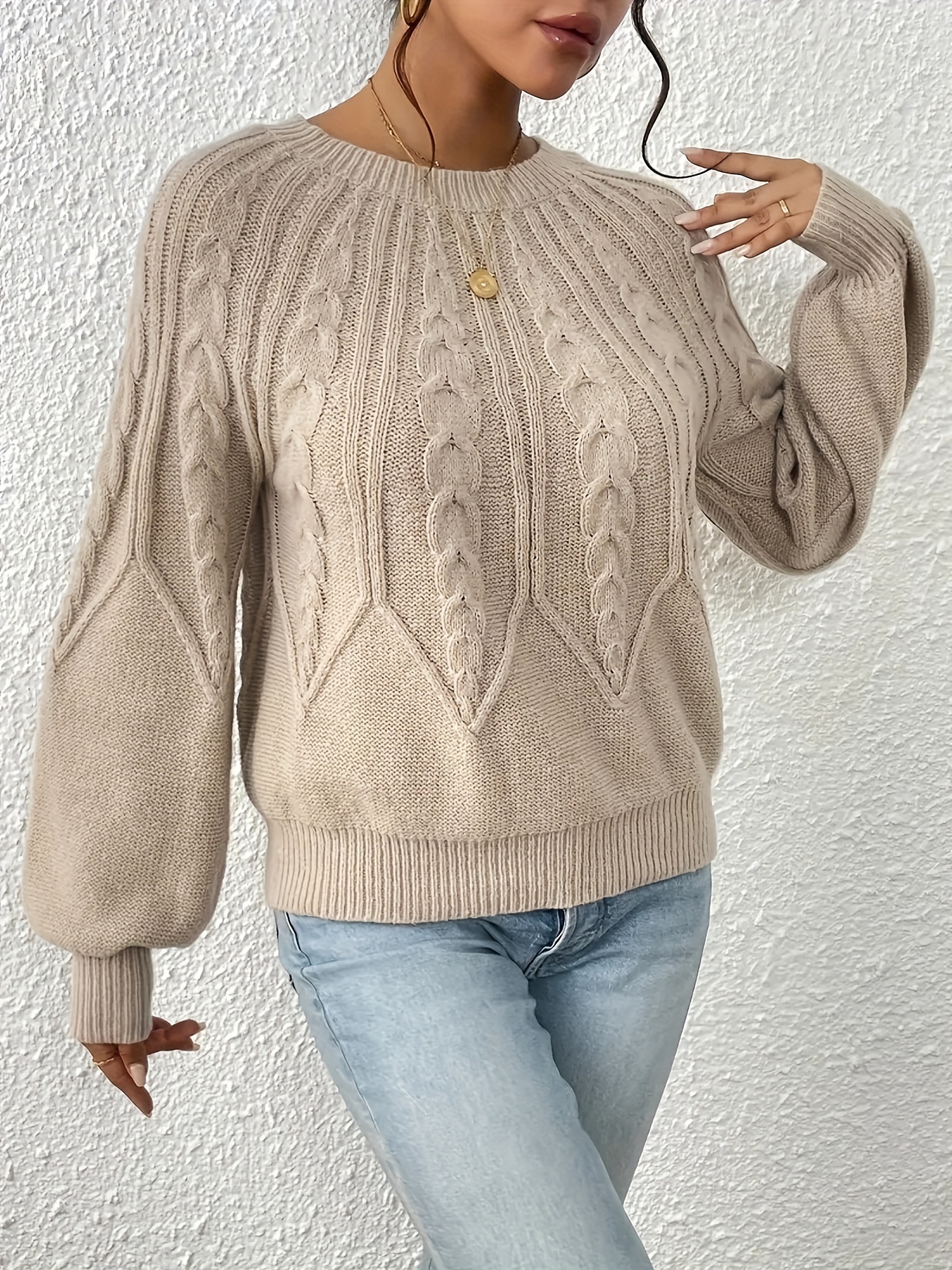 cable knit crew neck sweater elegant lantern sleeve knitted top for   womens clothing details 47