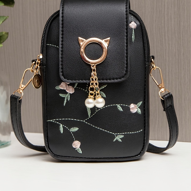 

Embroidered Crossbody Phone Bag For Women - Pu , , , , , Polyester Lined, Purse