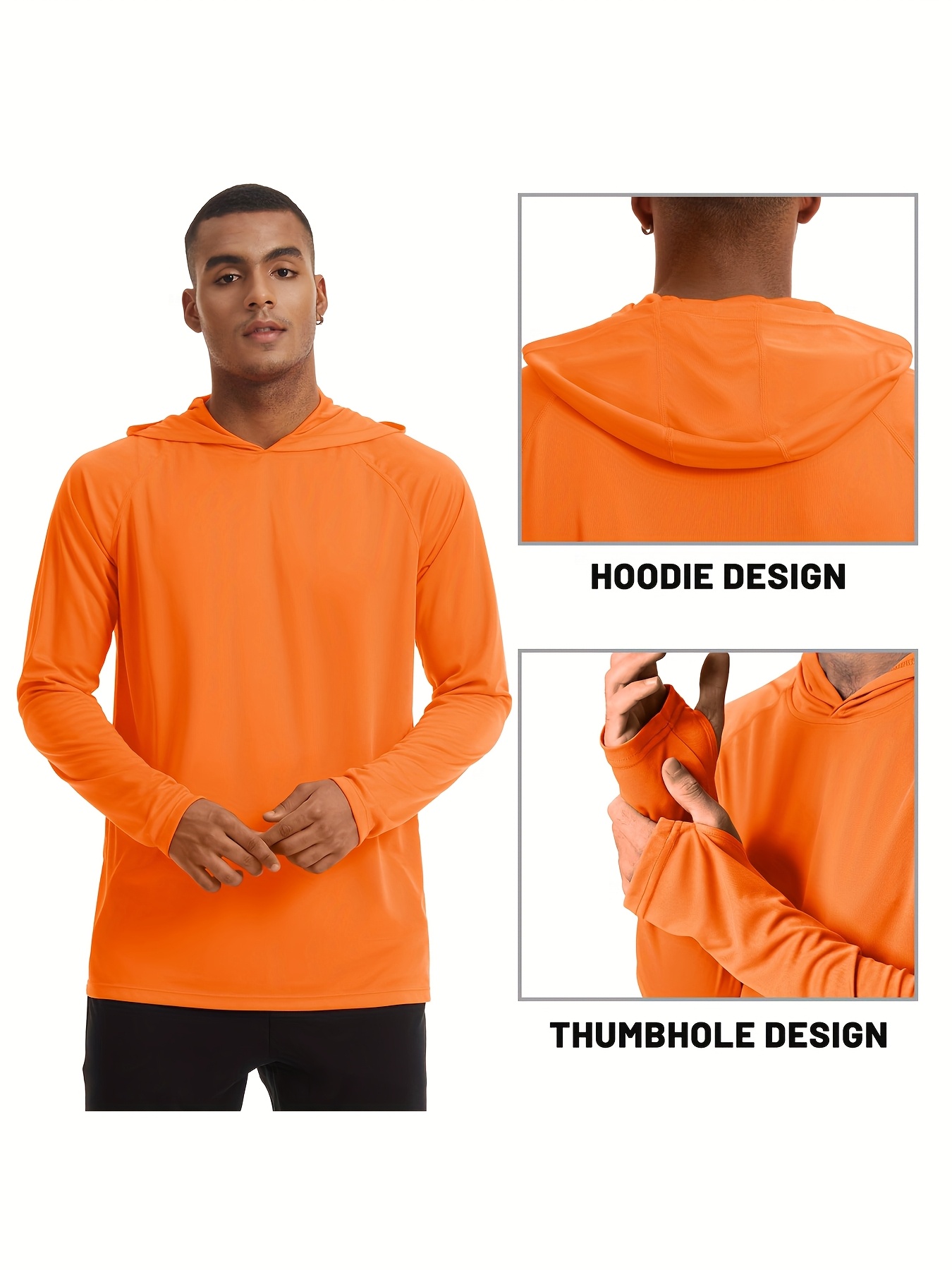 Men's Long Sleeve Hooded Athletic Shirt - Quick Dry, Breathable Polyester, UV Protection, Thumb Holes - Ideal for Running, Fishing, Swimming, Hiking, and Outdoor Activities, Versatile Outdoor Shirt | Sleek Athletic Shirt | Breathable Fabric, Long Sleeves Tops for Fitness