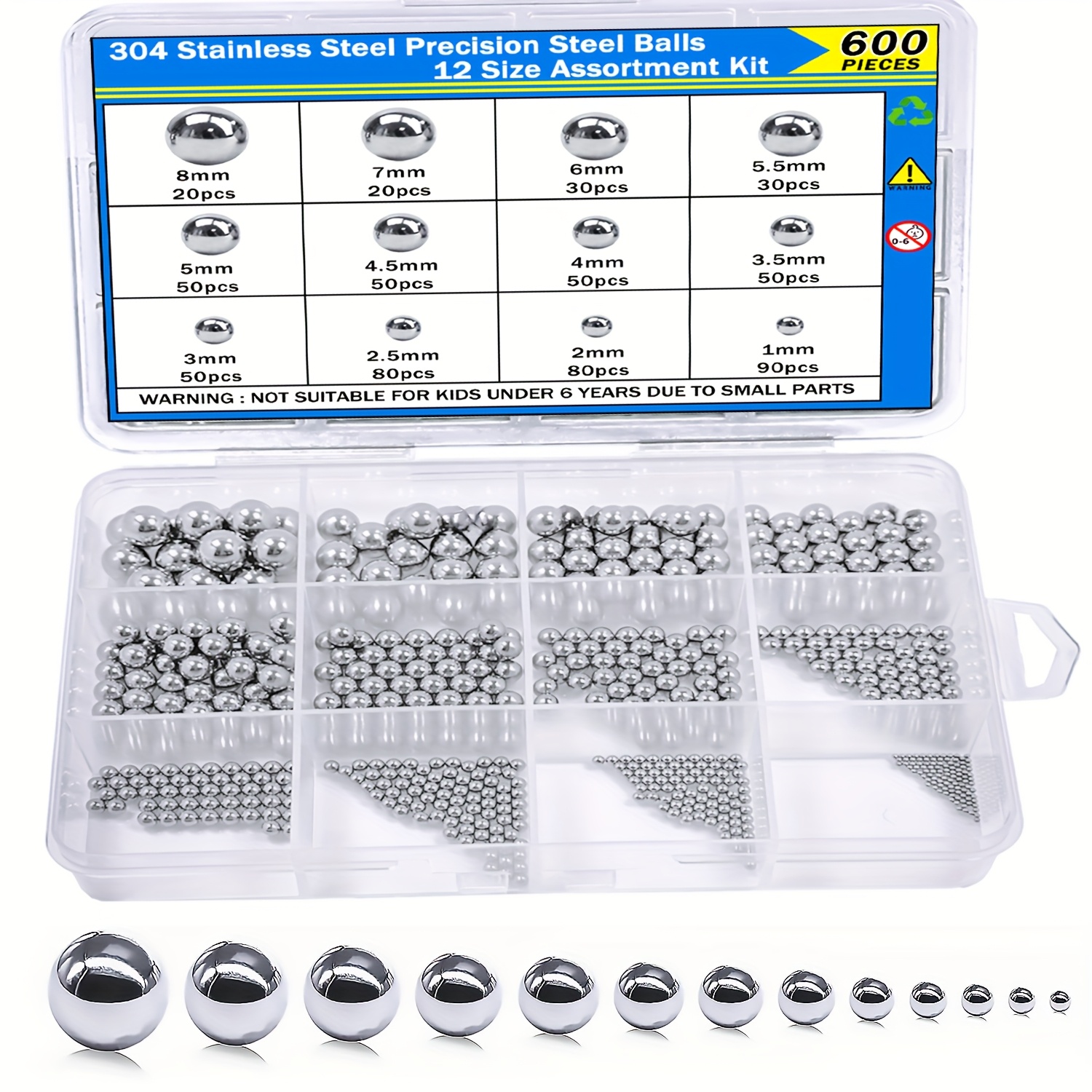 Image of 600pcs 12 Size Bicycle Bearing Balls Stainless Steel Balls Stainless Steel Assorted Loose Kit 1mm,2mm,5mm,5.5mm,6mm,7mm,8mm, Metric Bicycles, Mechanical & Diy Projects