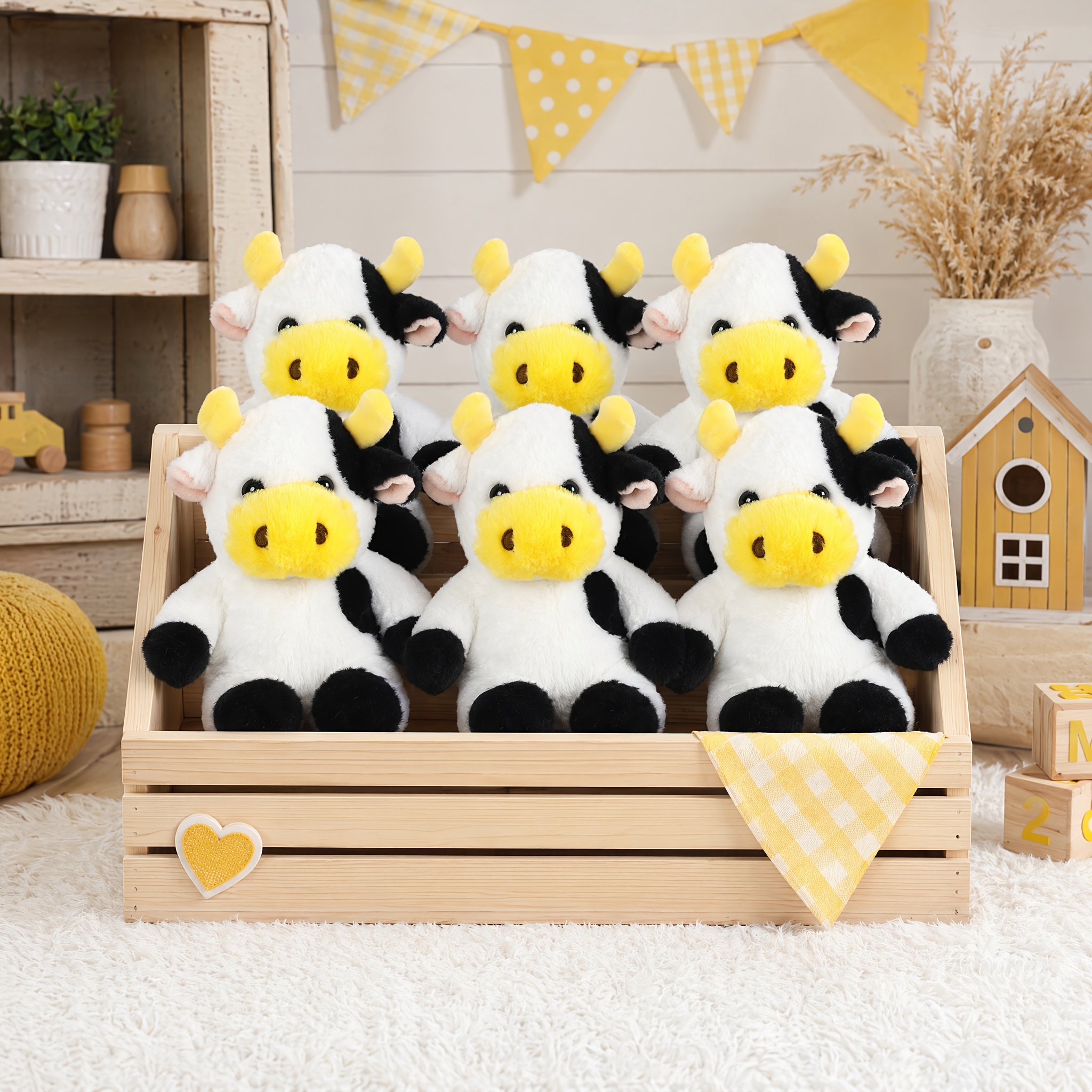 TEMU 6pcs Plush Cow, Farm Animal Plush Toy, Black & White, 9.4 Inch, Party Decor A Great Gift For Boys, Girls And Birthday Favors Gifts Forest Party
